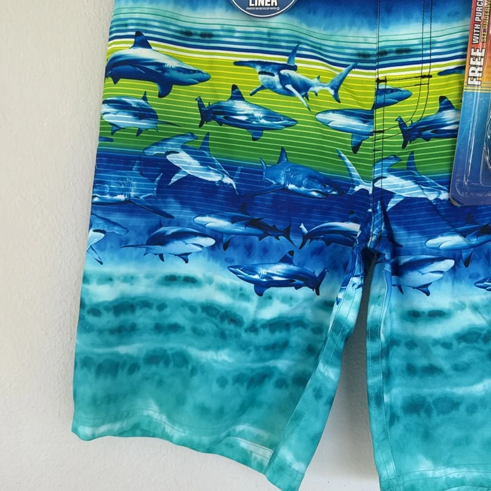 Zero Xposur blue green shark print swim trunks and goggles set size 14/16